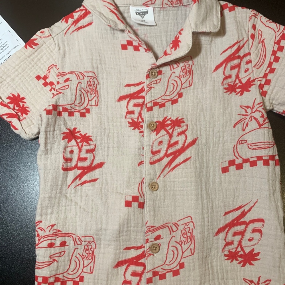 Disney Kids Button-Down Shirt Beige with Red Race Car Print